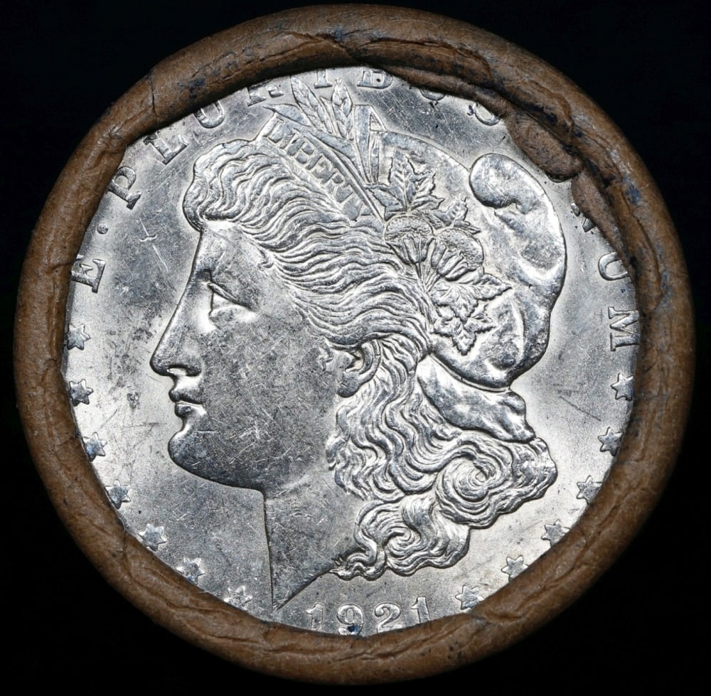 Full solid date 1921-p Uncirculated Morgan silver dollar roll, 20 coins - 2