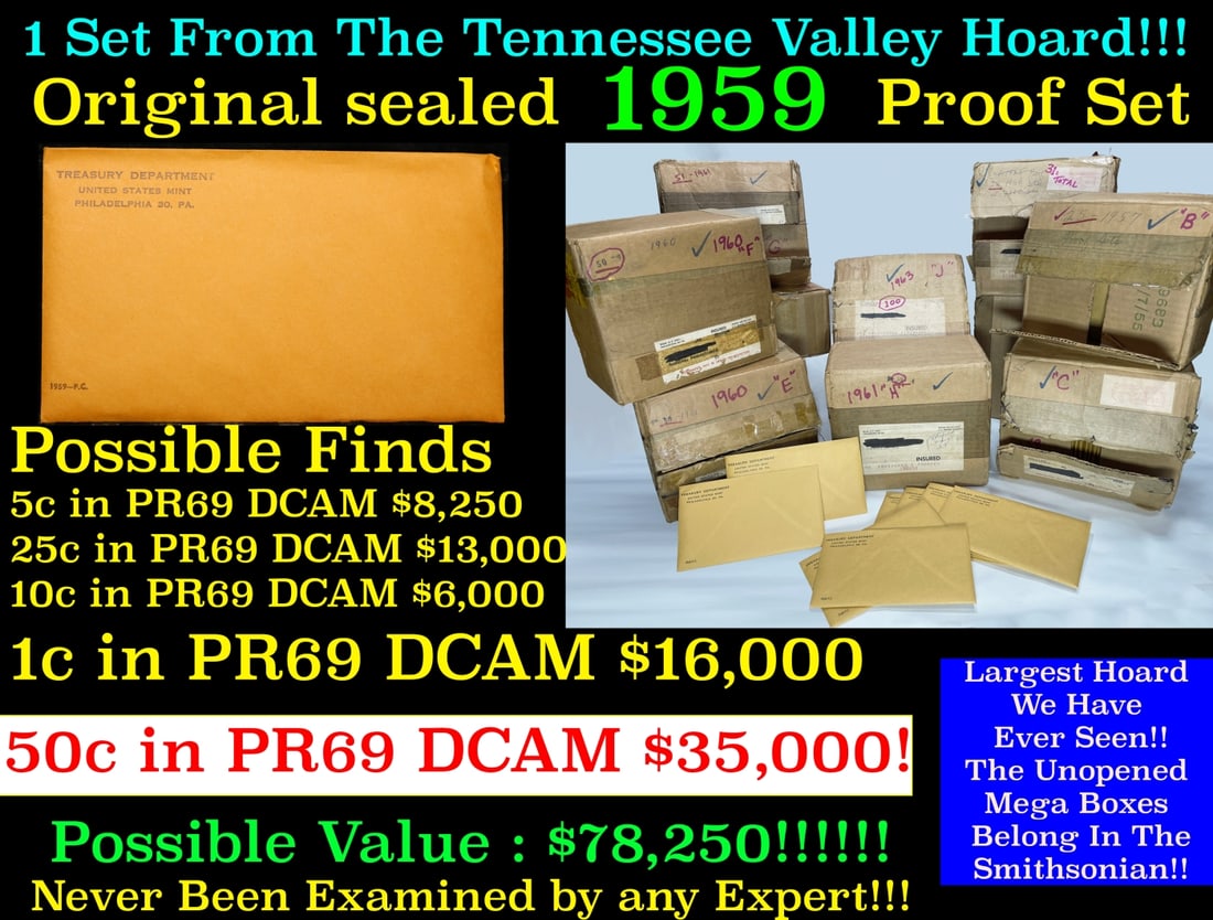Original sealed 1959 United States Mint Proof Set Tennessee Valley Hoard: Original sealed 1959 United States Mint Proof Set Tennessee Valley Hoard. Once in a lifetime collection We are proud to bring to auction the greatest proof collection of the late 1950s and early