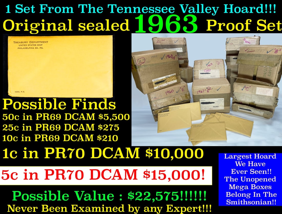 Original sealed 1963 United States Mint Proof Set Tennessee Valley Hoard: Original sealed 1963 United States Mint Proof Set Tennessee Valley Hoard. Once in a lifetime collection We are proud to bring to auction the greatest proof collection of the late 1950s and early