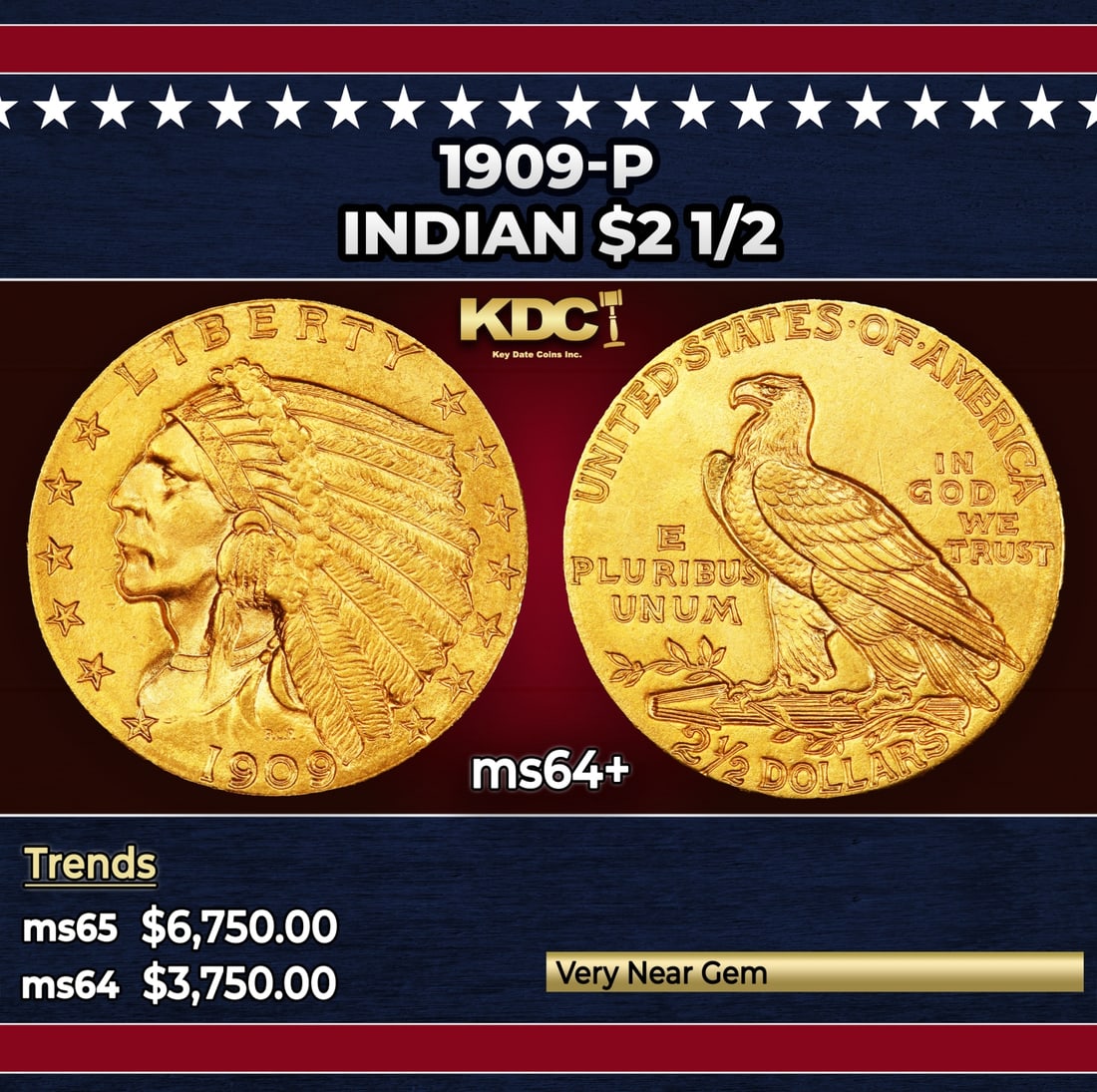 1909-p Gold Indian Quarter Eagle $2 1/2 ms64+ SEGS: 1909-p Gold Indian Quarter Eagle $2 1/2 ms64+ SEGS. A Key Date's Pick, Bid to Win Coin