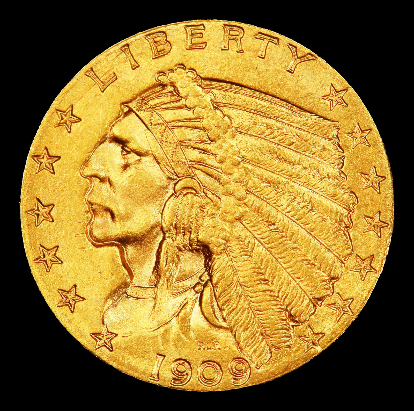 1909-p Gold Indian Quarter Eagle $2 1/2 ms64+ SEGS - 2