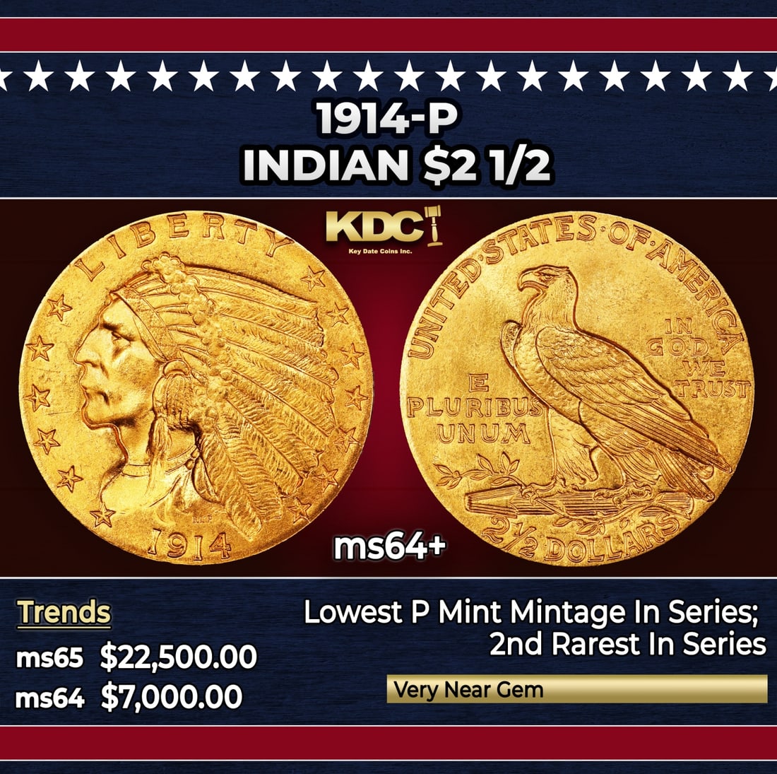 1914-p Gold Indian Quarter Eagle $2 1/2 ms64+ SEGS: 1914-p Gold Indian Quarter Eagle $2 1/2 ms64+ SEGS. The 1914 Indian quarter eagle boasts the lowest mintage of any Philadelphia issue of the series, at a mere 240,000 pieces. The 1914 is also widely