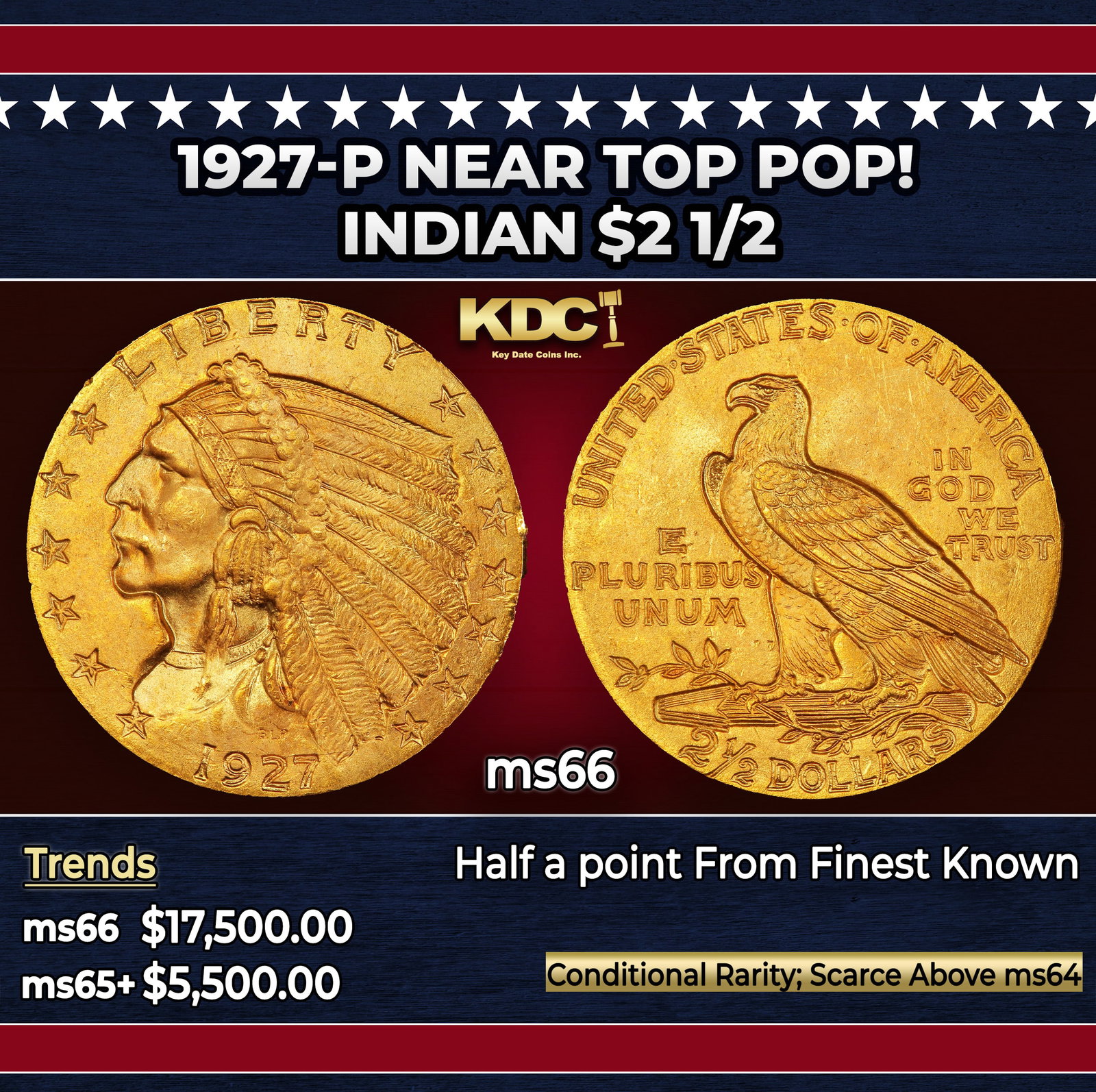 1927-p Gold Indian Quarter Eagle Near Top Pop! $2 1/2 ms66 USCG: 1927-p Near Top Pop! Gold Indian Quarter Eagle $2 1/2 ms66 USCG. Per David Akers of PCGS "The 1927 is similar in overall rarity to the 1926 and can be obtained without much difficulty in MS-65 or lowe