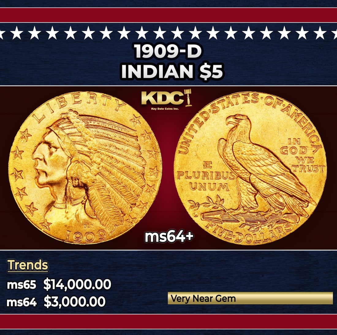 1909-d Gold Indian Half Eagle $5 ms64+ SEGS: 1909-d Gold Indian Half Eagle $5 ms64+ SEGS.