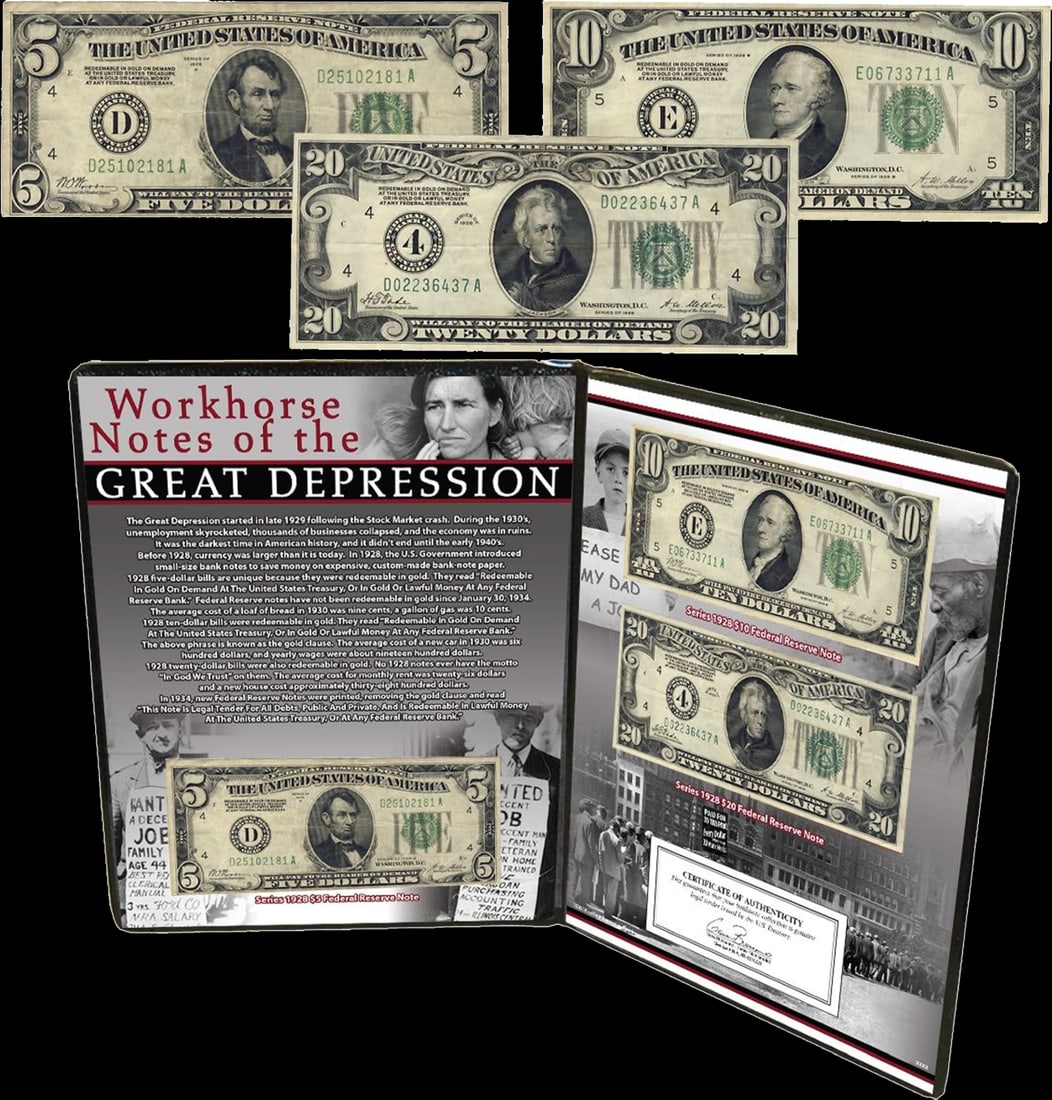1928 Workhorse Notes of the Great Depression $5, $10, $20 3 "Redeemable In Gold" Federal Reserve ... - 2