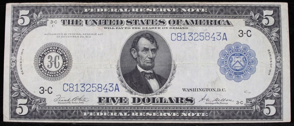 1914 $5 Large Size Blue Seal Federal Reserve Note Philadelphia, PA Grades vf++ FR-855 - 2