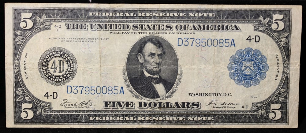 1914 $5 Large Size Blue Seal Federal Reserve Note Cleveland, OH Grades vf++ FR-859 - 2