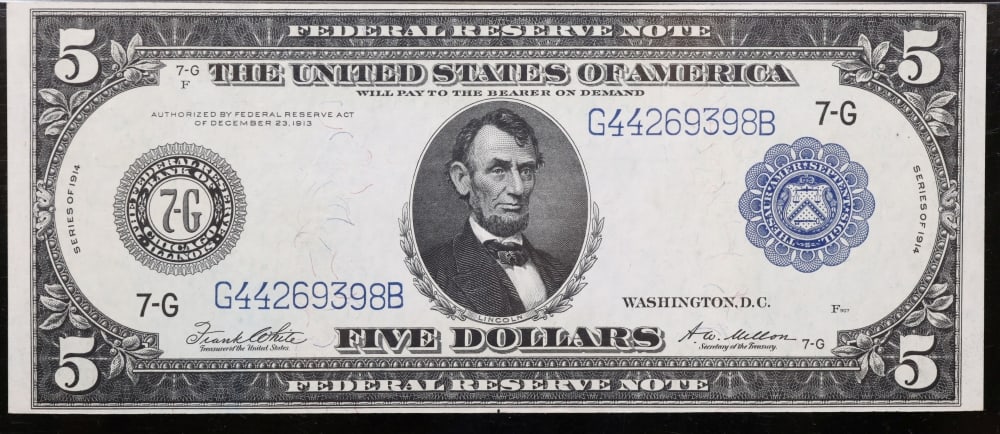 1914 $5 Large Size Blue Seal Federal Reserve Note Chicago, IL Grades Choice AU/BU Slider FR-871 - 2