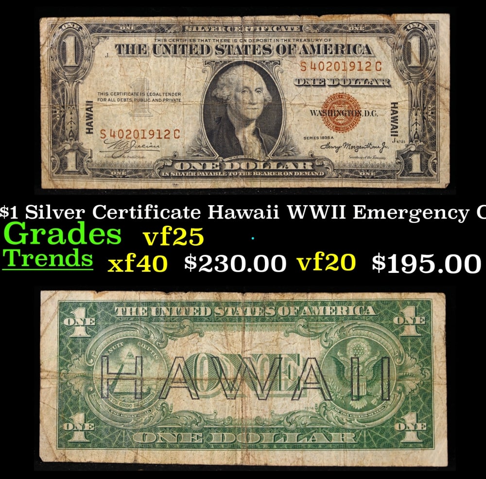 1935A $1 Silver Certificate Hawaii WWII Emergency Currency Grades vf+: 1935A $1 Silver Certificate Hawaii WWII Emergency Currency Grades vf+. FR-2300 Signatures of Julian & Morgenthau WWII Emergency Currency. It was the darkest days of World War II, just after Pearl