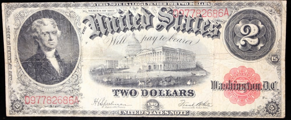 1917 $2 Large Size Legal Tender Note Thomas Jefferson Grades vf+ Signatures Speelman/White - 2