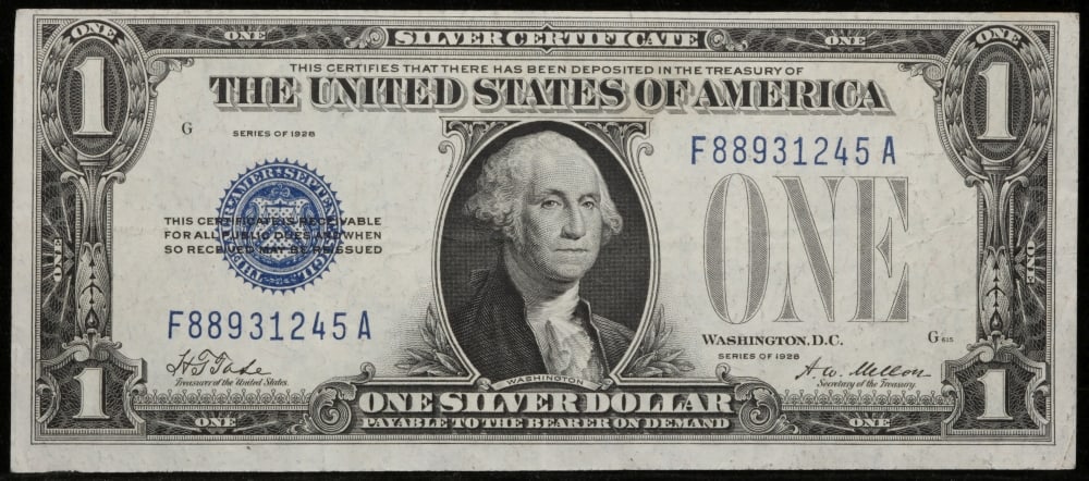 1928 $1 Blue Seal Silver Certificate "Funnyback" Grades Choice AU/BU Slider - 2