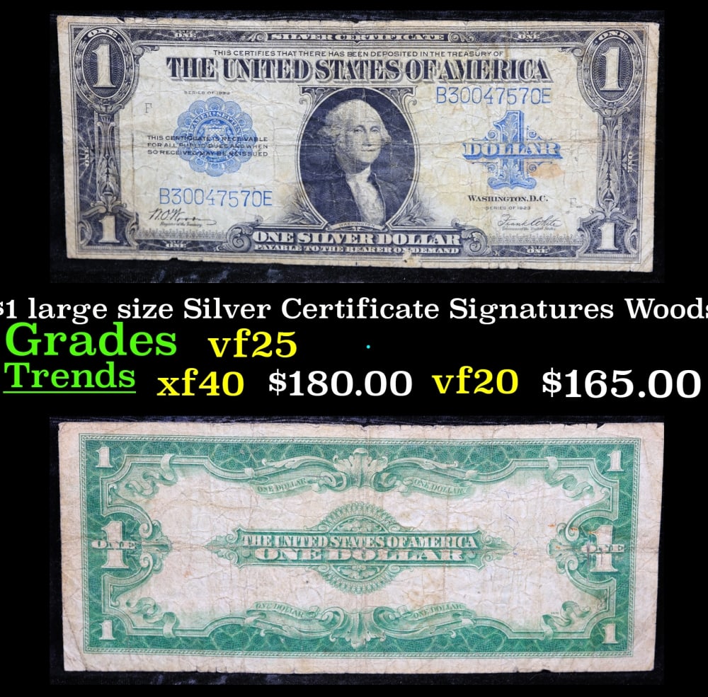 1923 $1 large size Silver Certificate Grades vf+ Signatures Woods/White: 1923 $1 large size Silver Certificate Grades vf+ Signatures Woods/White. Fr-238 The term “horse blanket” gets used a lot when talking about large size currency. It is most frequently used