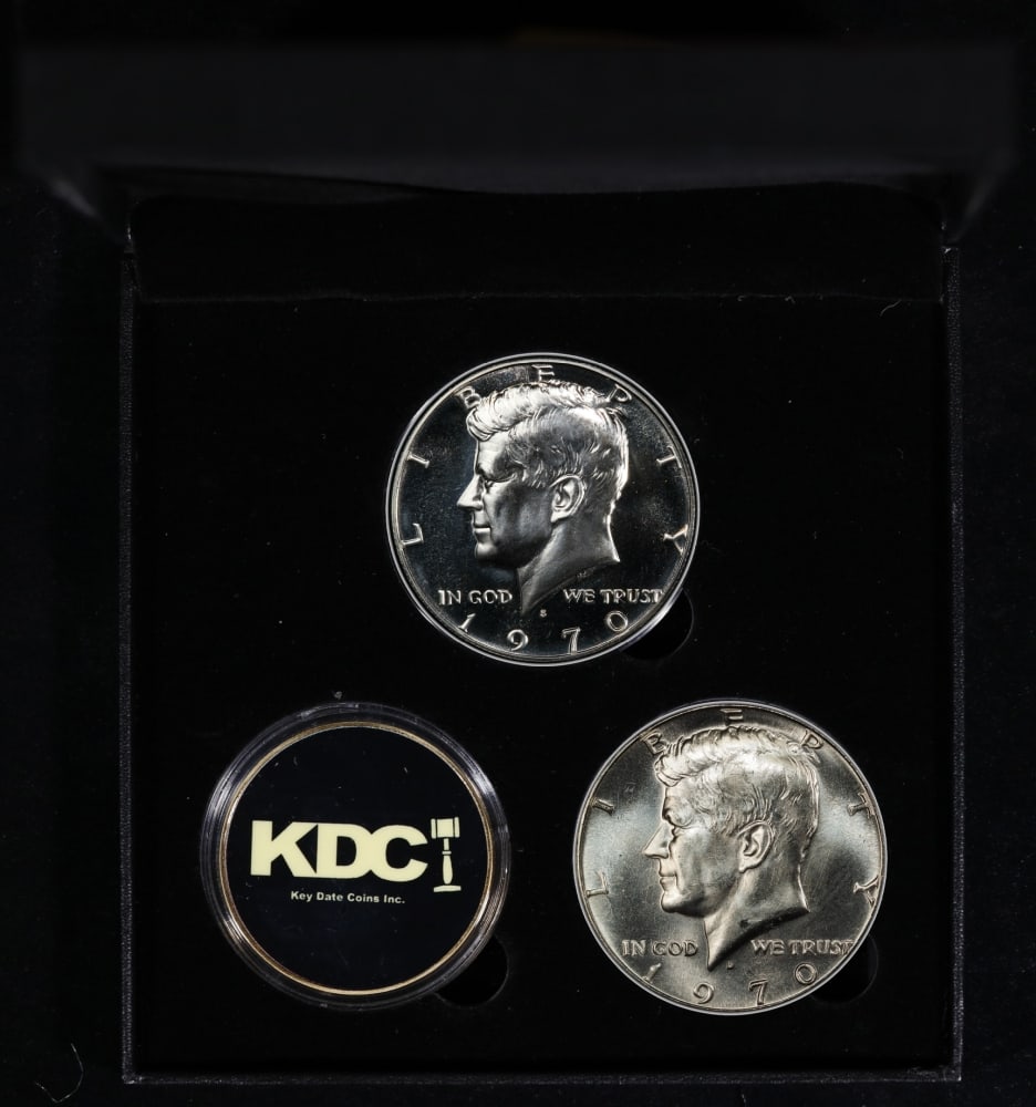Complete 2 PC. 1970 Kennedy Half Dollar 50c set In Custom Box W/ Special Backer Card BU & Proof C... - 2