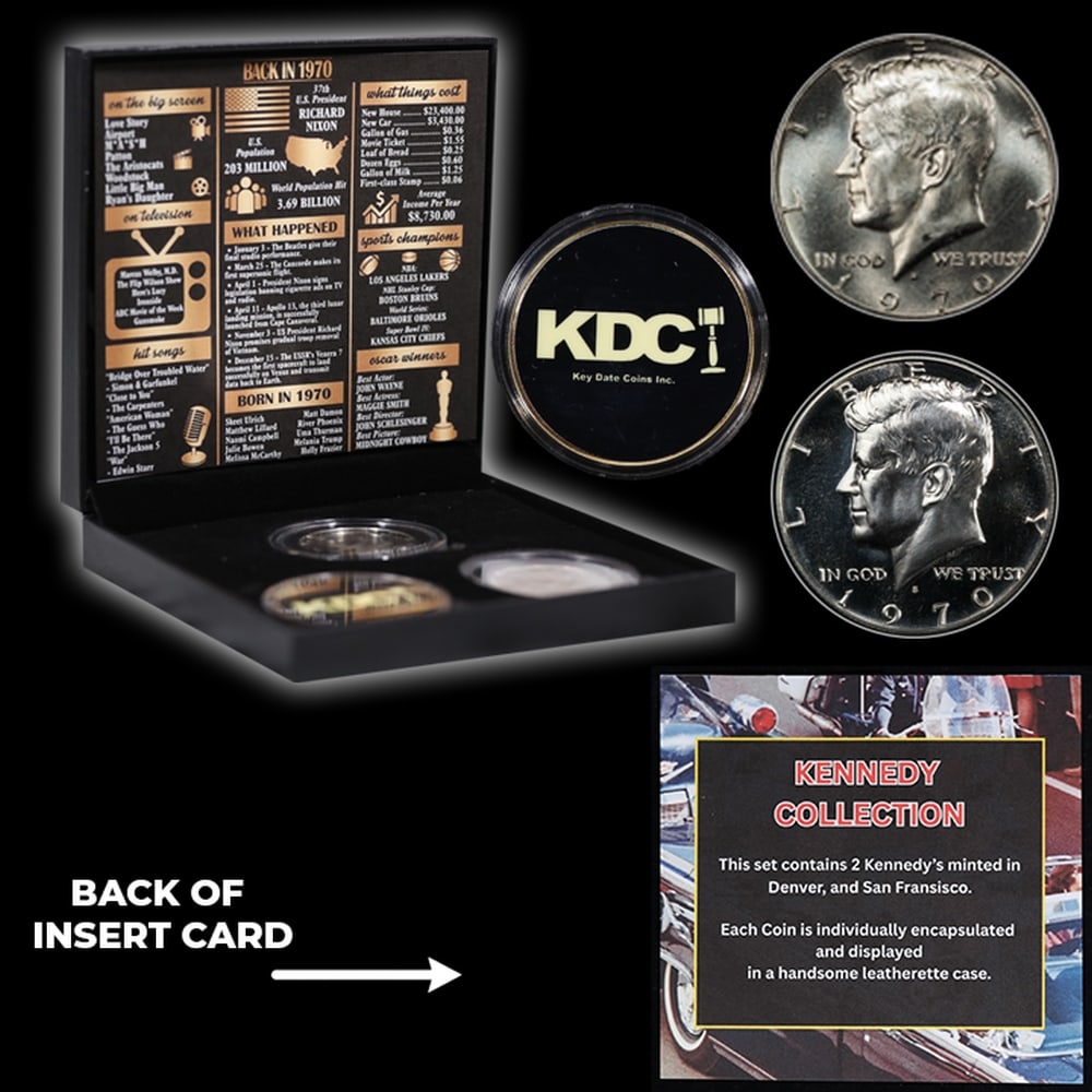 Complete 2 PC. 1970 Kennedy Half Dollar 50c set In Custom Box W/ Special Backer Card BU & Proof C... - 5