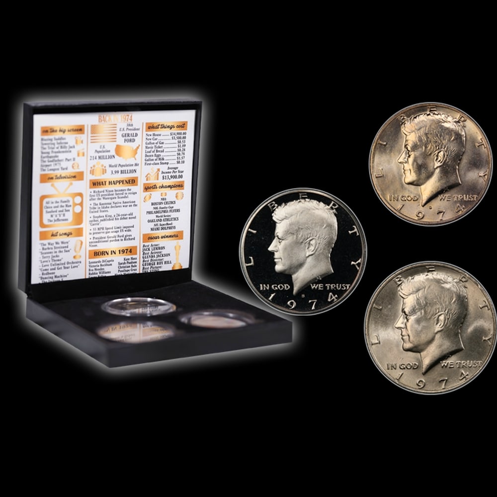 Complete 3 PC. 1974 Kennedy Half Dollar 50c set In Custom Box W/ Special Backer Card BU & Proof C... - 4