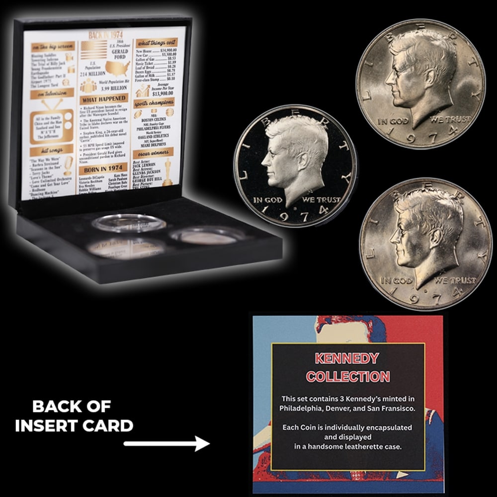Complete 3 PC. 1974 Kennedy Half Dollar 50c set In Custom Box W/ Special Backer Card BU & Proof C... - 5