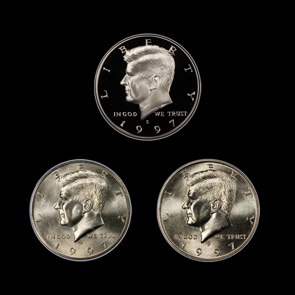 Complete 3 PC. 1997 Kennedy Half Dollar 50c set In Custom Box W/ Special Backer Card BU & Proof C... - 2