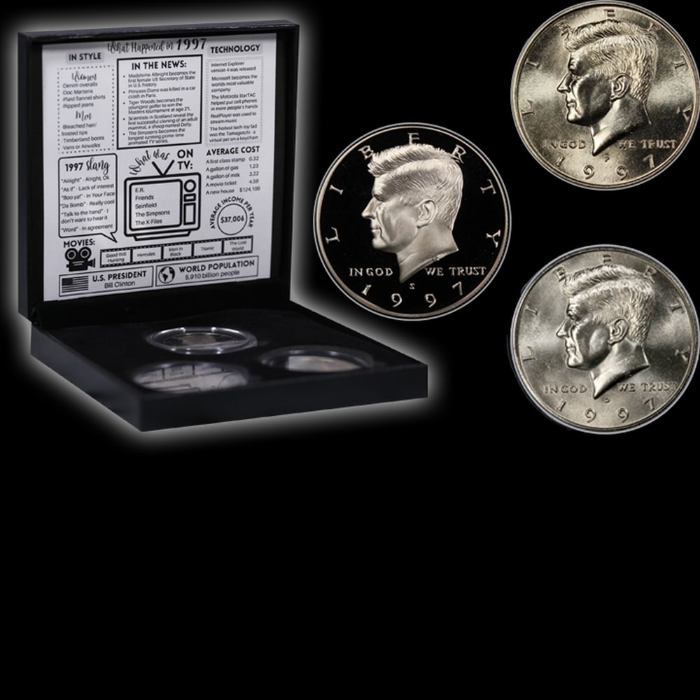 Complete 3 PC. 1997 Kennedy Half Dollar 50c set In Custom Box W/ Special Backer Card BU & Proof C... - 4