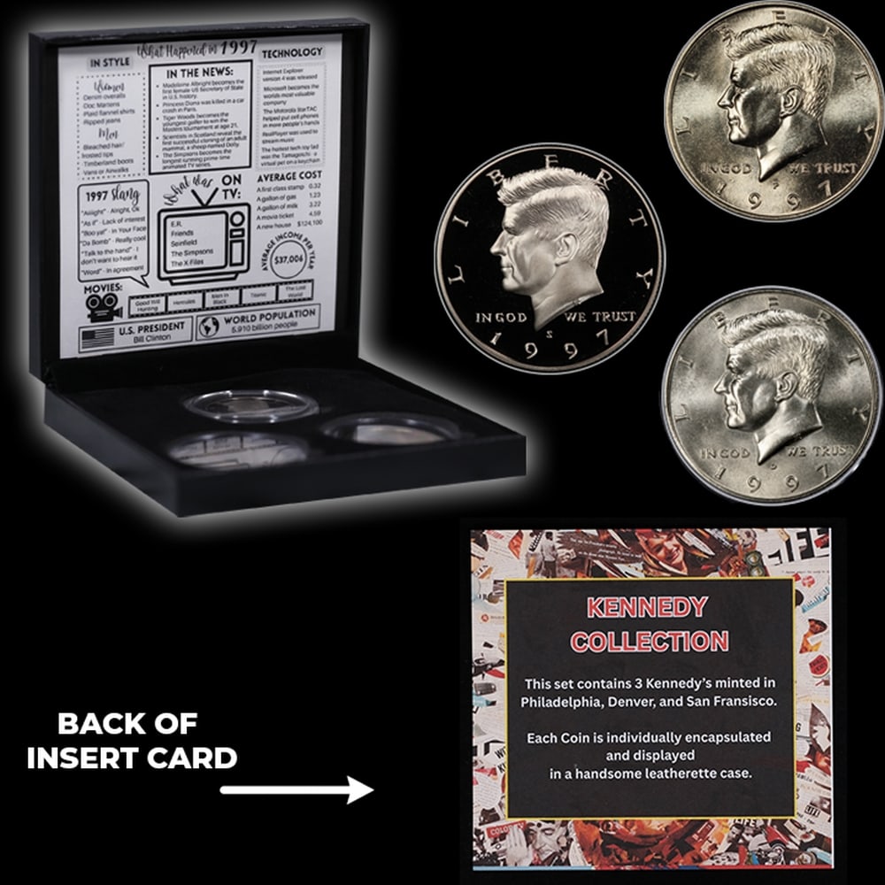 Complete 3 PC. 1997 Kennedy Half Dollar 50c set In Custom Box W/ Special Backer Card BU & Proof C... - 5