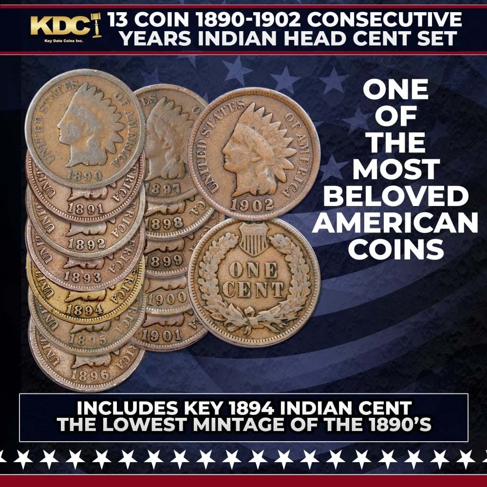 12 Coin 1890-1902 Consecutive Years Indian Head Cent Set: 12 Coin 1890-1902 Consecutive Years Indian Head Cent Set. Indian Head cents... they're as American as the flag or apple pie, and avidly pursued by collectors! Now you can own a collection of Indian
