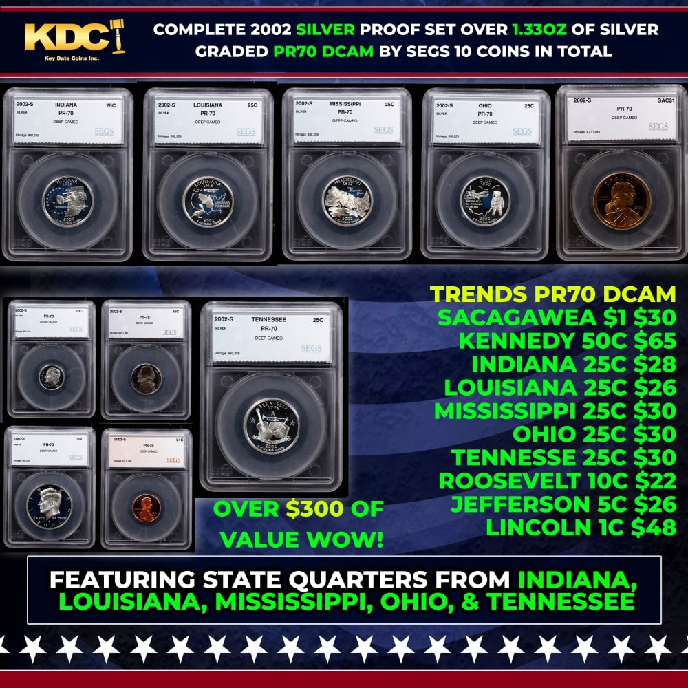 2002 US Silver Proof Set Graded pr70 DCAM By SEGS about 1.5 oz of pure silver 10 Coins: 2002 US Silver Proof Set Graded pr70 DCAM By SEGS about 1.5 oz of pure silver 10 Coins.