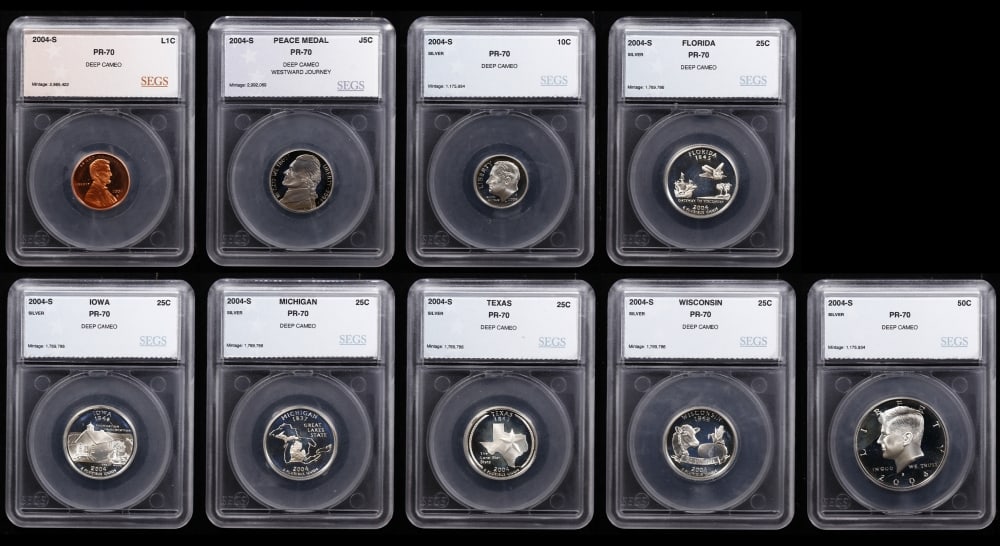 2004 US Silver Proof Set Graded pr70 DCAM By SEGS about 1.5 oz of pure silver 10 Coins - 11