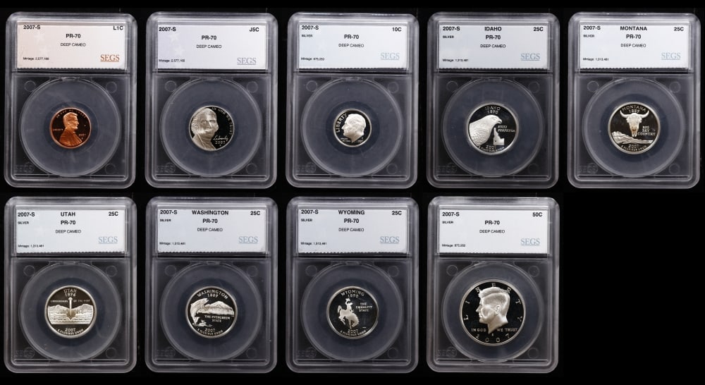 2007 US Silver Proof Set Graded pr70 DCAM By SEGS about 1.5 oz of pure silver 14 Coins - 16
