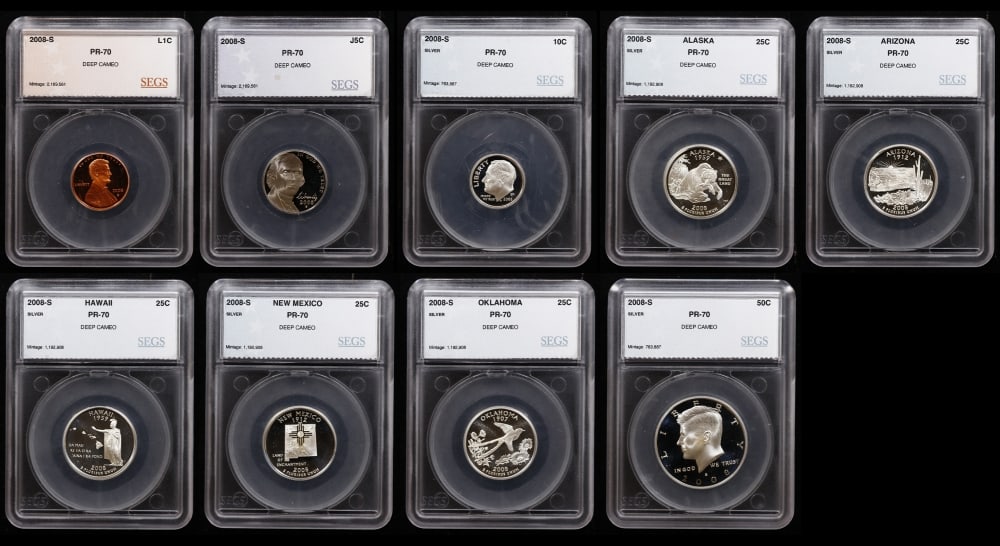 2008 US Silver Proof Set Graded pr70 DCAM By SEGS about 1.5 oz of pure silver 14 Coins - 16