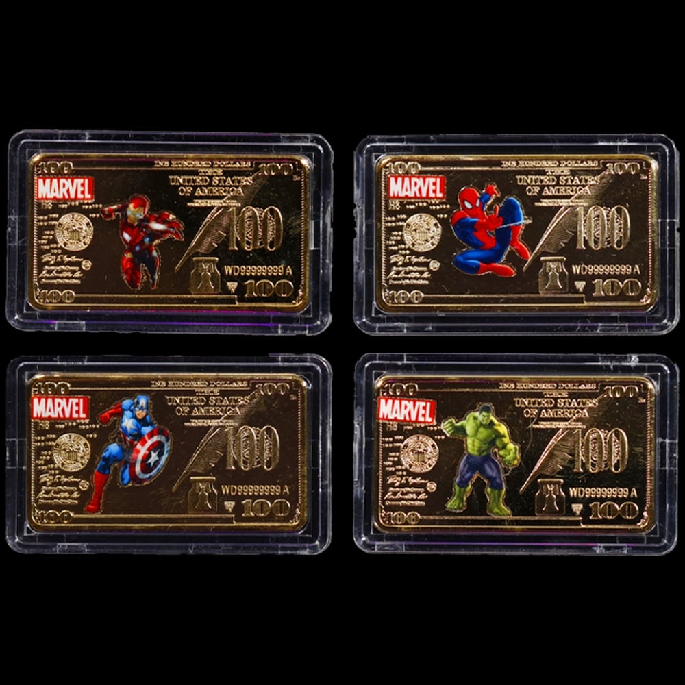 4 PC. Marvel Super Hero Gold Plated Art Bar Collection In Custom Box W/ Special Backer card - 4
