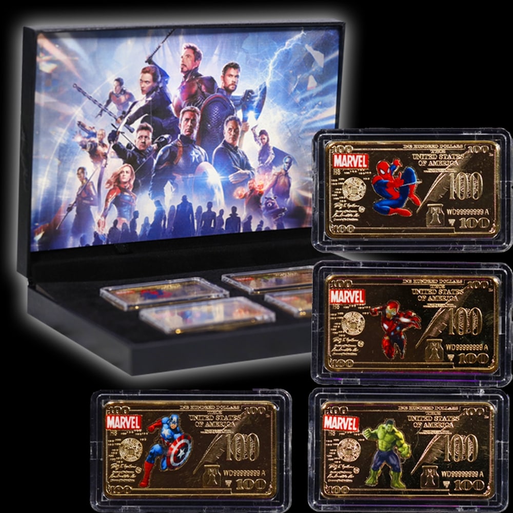 4 PC. Marvel Super Hero Gold Plated Art Bar Collection In Custom Box W/ Special Backer card - 5