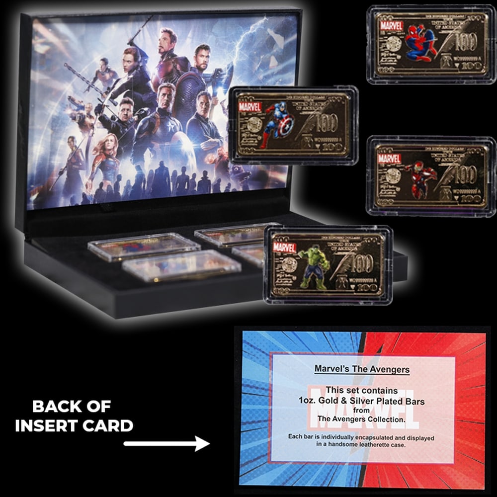 4 PC. Marvel Super Hero Gold Plated Art Bar Collection In Custom Box W/ Special Backer card - 6