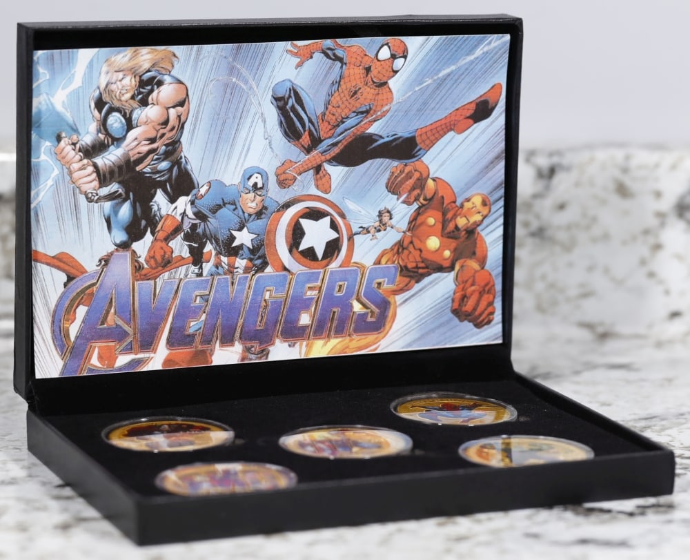 5 Coin Marvel Comics Avengers Gold Plated Round Collection Spider-Man, Hulk, Captain America, Thor, - 2