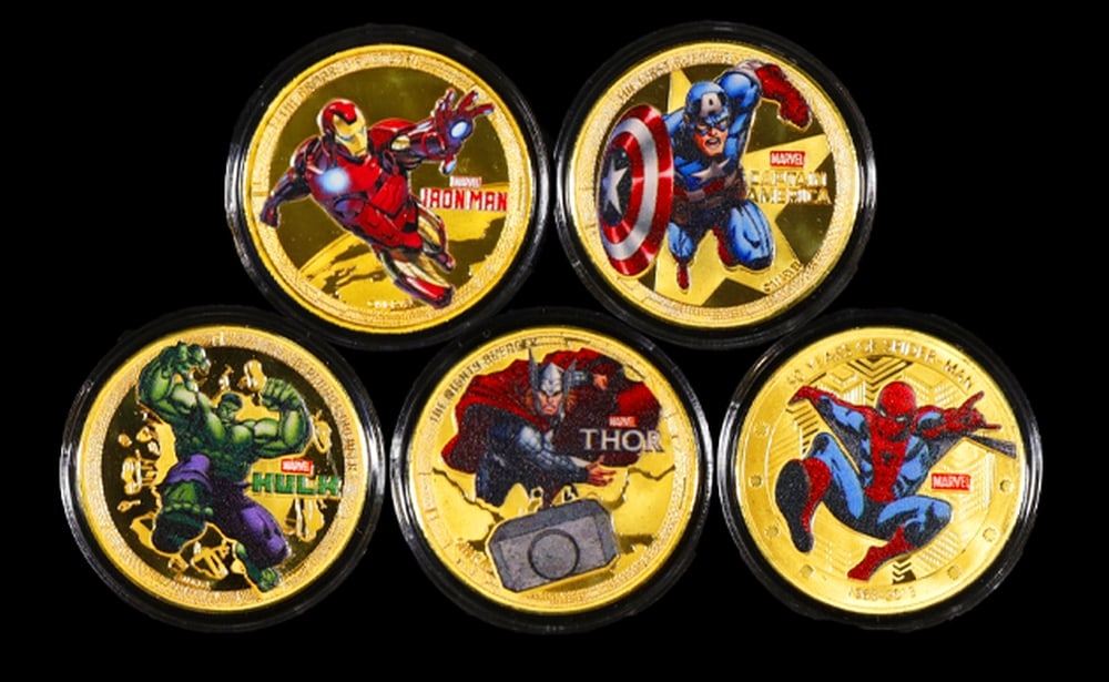 5 Coin Marvel Comics Avengers Gold Plated Round Collection Spider-Man, Hulk, Captain America, Thor, - 4