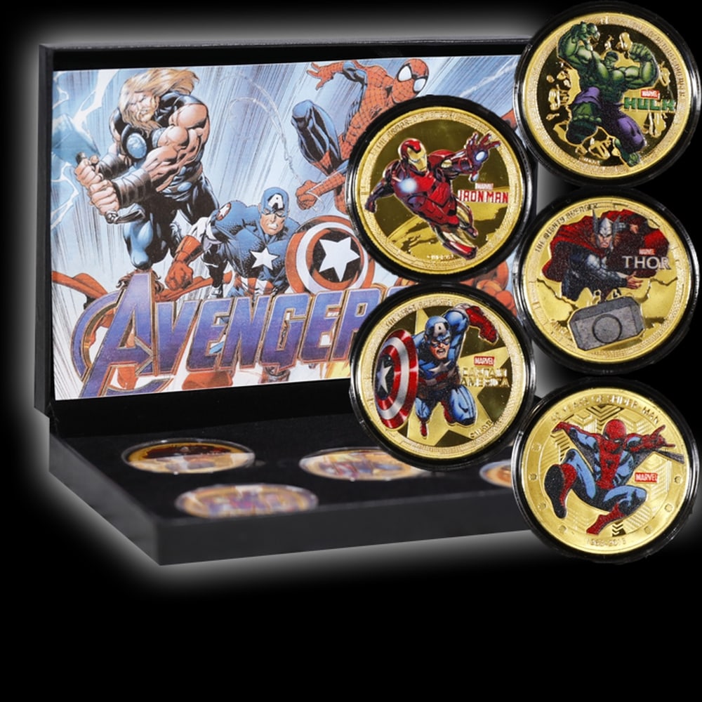 5 Coin Marvel Comics Avengers Gold Plated Round Collection Spider-Man, Hulk, Captain America, Thor, - 5