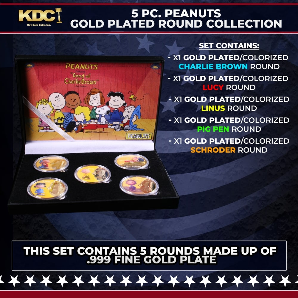 5 Coin Peanuts Gold Plated Round Collection Charlie Brown: 5 Coin Peanuts Gold Plated Round Collection Charlie Brown. 5 Pc. Peanuts Gold Plated Round Collection. This set contains 5 rounds made up of .999 Fine Gold Plate from The Peanuts Collection. This Set