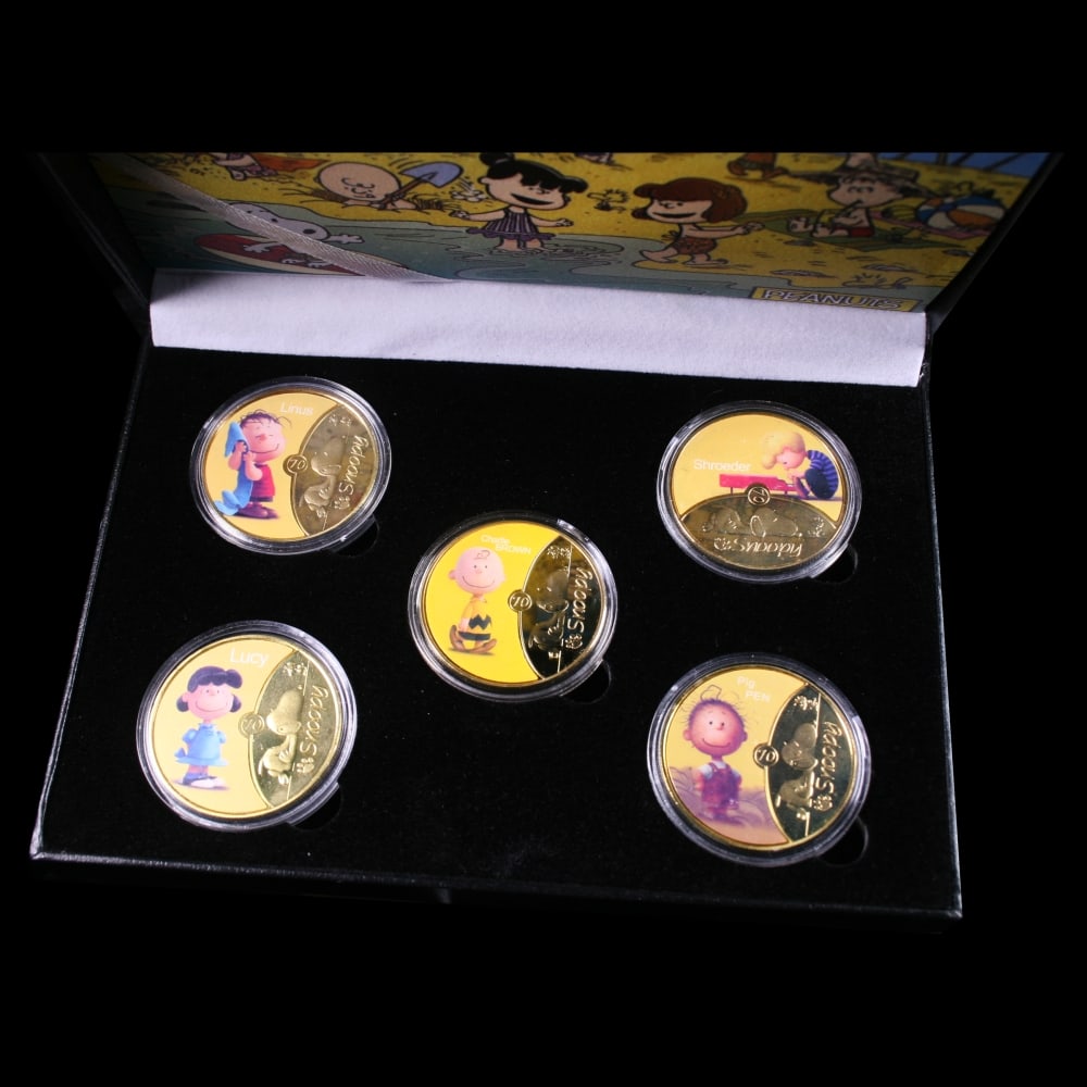 5 Coin Peanuts Gold Plated Round Collection Charlie Brown - 3