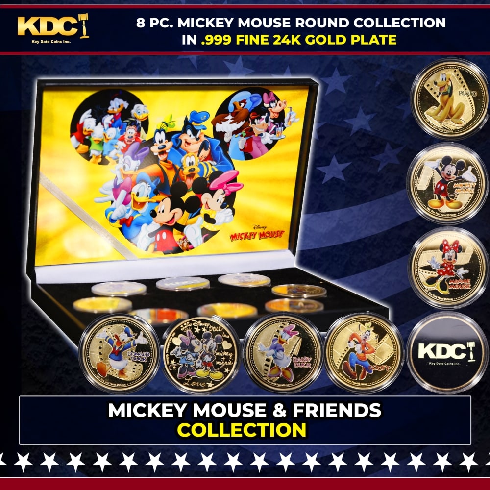 8 PC. Mickey Mouse & Friends Gold Plated Round Collection In Custom Box W/ Special Backer card: 8 PC. Mickey Mouse & Friends Gold Plated Round Collection In Custom Box W/ Special Backer card. Please Note All Backer Cards may have slight differences but will be very similar if not identical to