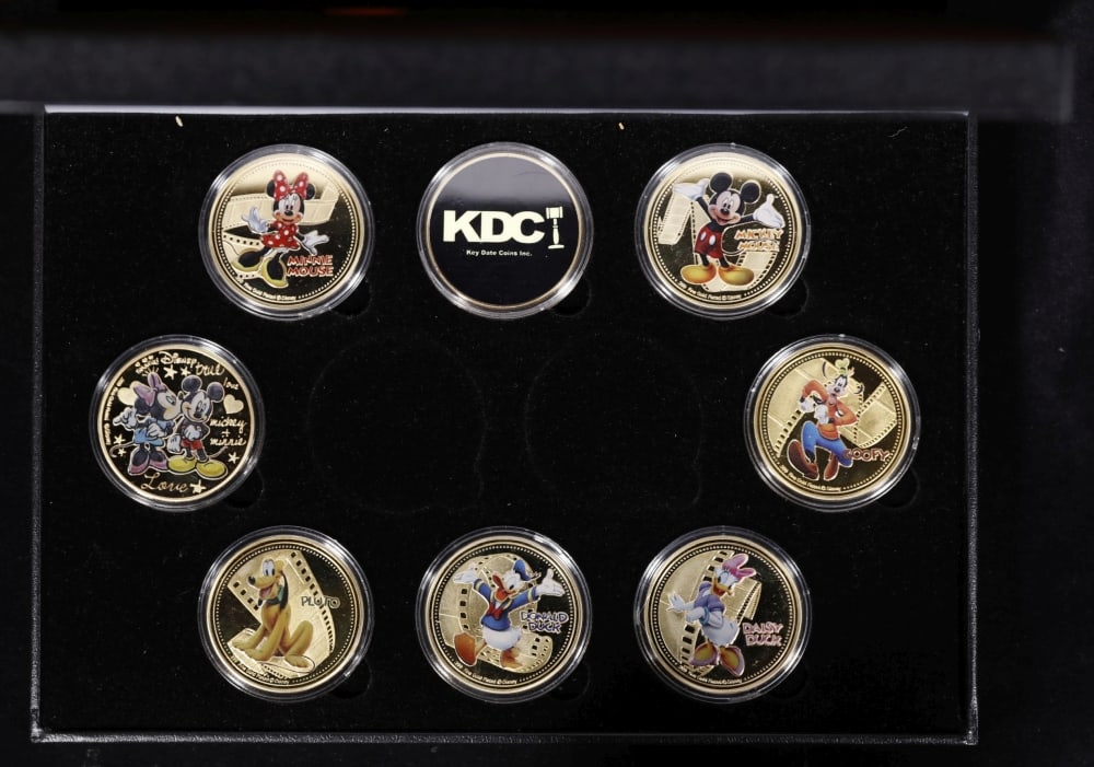 8 PC. Mickey Mouse & Friends Gold Plated Round Collection In Custom Box W/ Special Backer card - 3