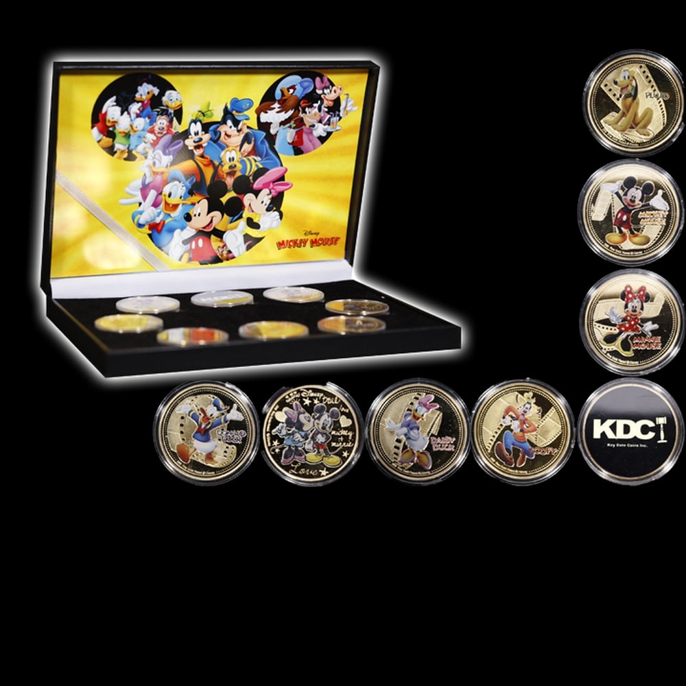 8 PC. Mickey Mouse & Friends Gold Plated Round Collection In Custom Box W/ Special Backer card - 4