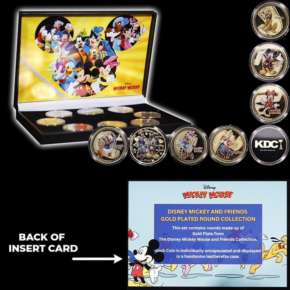 8 PC. Mickey Mouse & Friends Gold Plated Round Collection In Custom Box W/ Special Backer card - 5