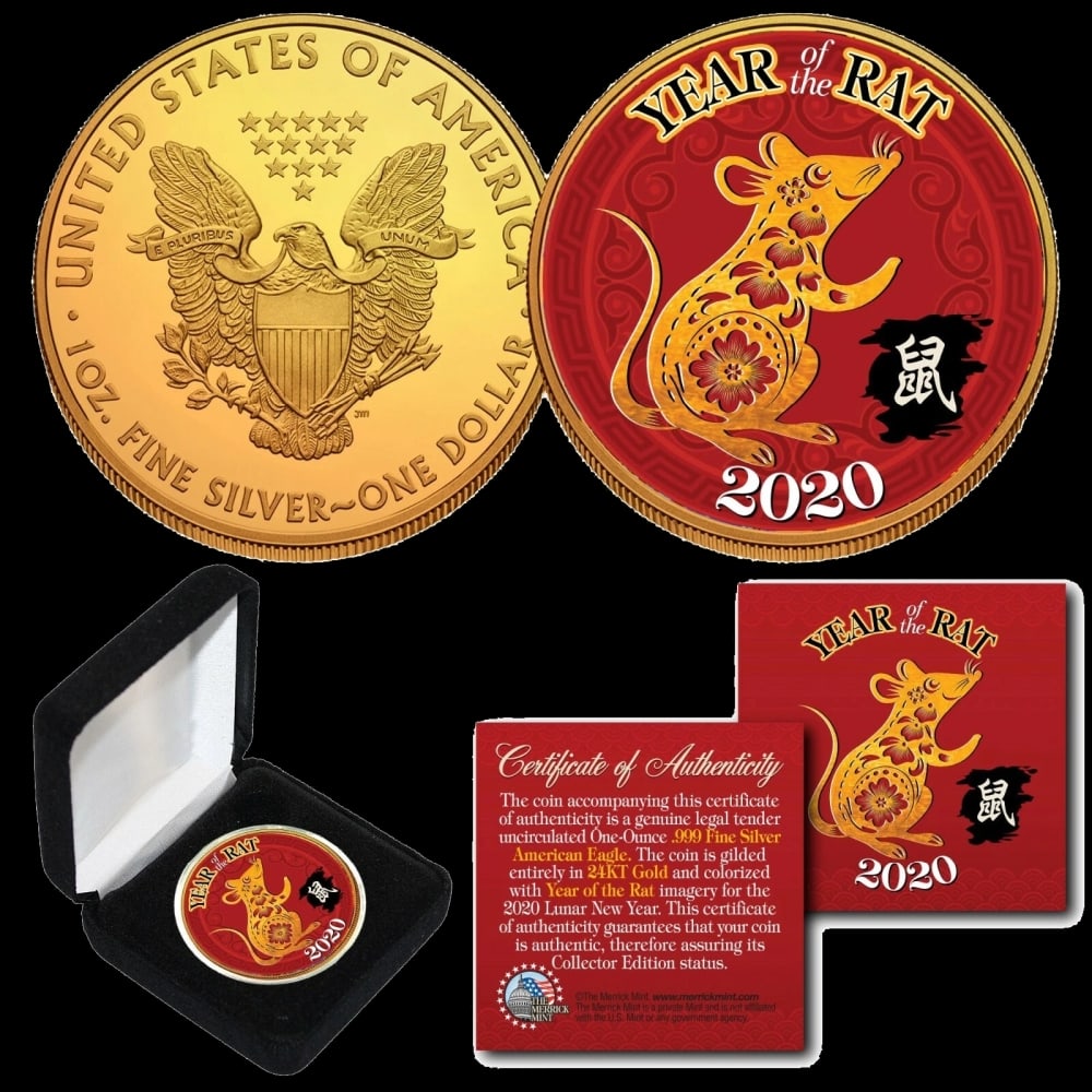 2020 Year of The Rat 24K Gold Plated 1oz Silver Eagle w/ Box & COA Other Toy - 2