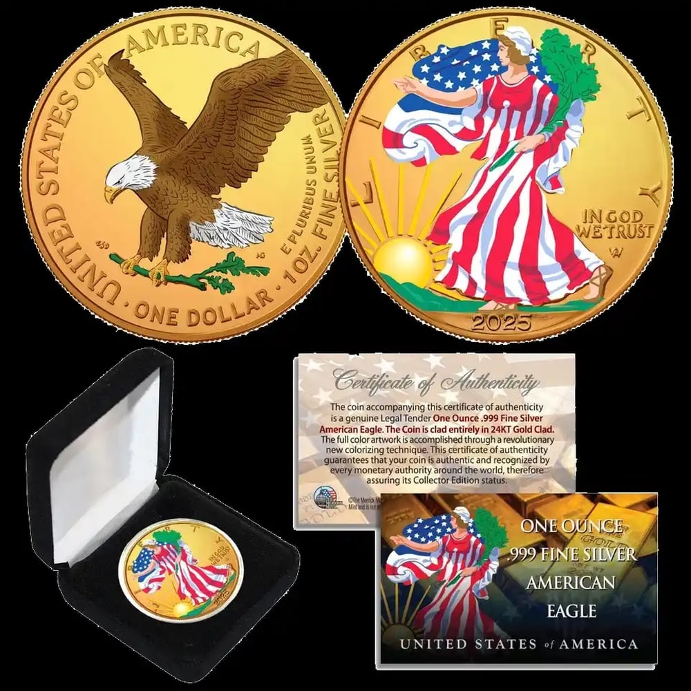 2025 24k Gold Gilded & Colorized 1oz American Silver Eagle Coin, Type 2, BU Coin w/ Box & COA Other - 2