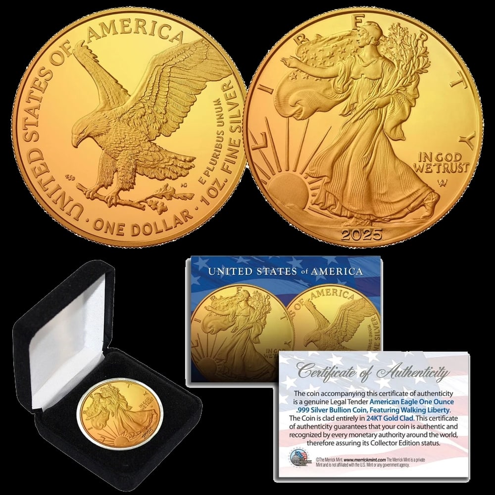2025 24K Gold Plated 1oz American Silver Eagle Coin, BU Coin w/ Box & COA Other Toy - 2