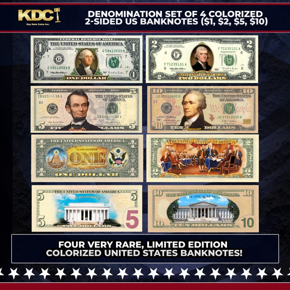 Denomination Set of 4 Colorized 2-Sided US Banknotes ($1, $2, $5, $10) Other Toy: Denomination Set of 4 Colorized 2-Sided US Banknotes ($1, $2, $5, $10). Here's your chance to own or give a collection of four very rare, limited edition COLORIZED United States banknotes, comprising 