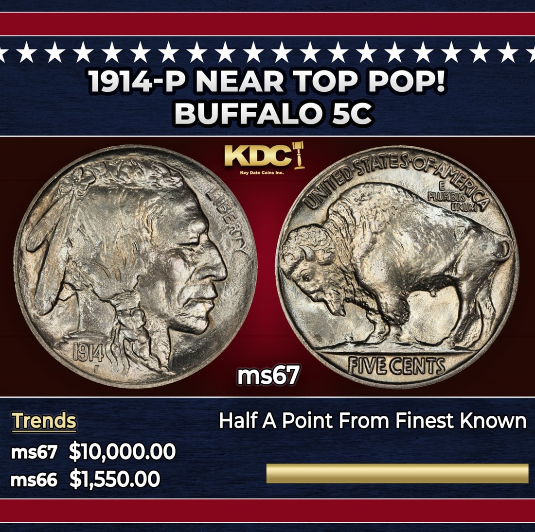 1914-p Buffalo Nickel Near Top Pop! 5c ms67 SEGS: 1914-p Near Top Pop! Buffalo Nickel 5c ms67 SEGS.