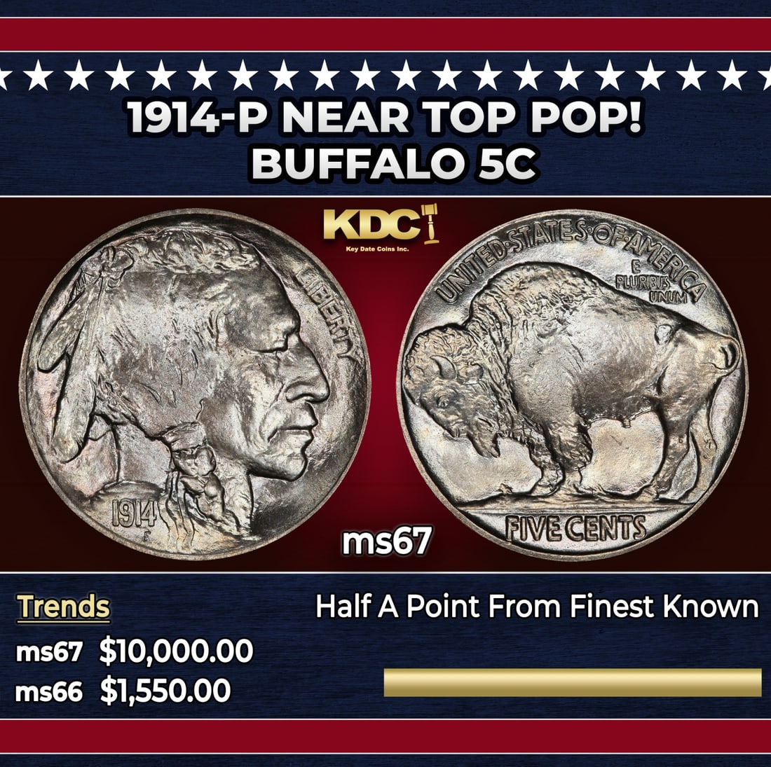 1914-p Buffalo Nickel Near Top Pop! 5c ms67 SEGS: 1914-p Near Top Pop! Buffalo Nickel 5c ms67 SEGS.
