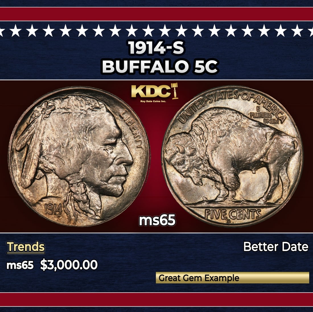 1914-s Buffalo Nickel 5c ms65 SEGS: 1914-s Buffalo Nickel 5c ms65 SEGS.