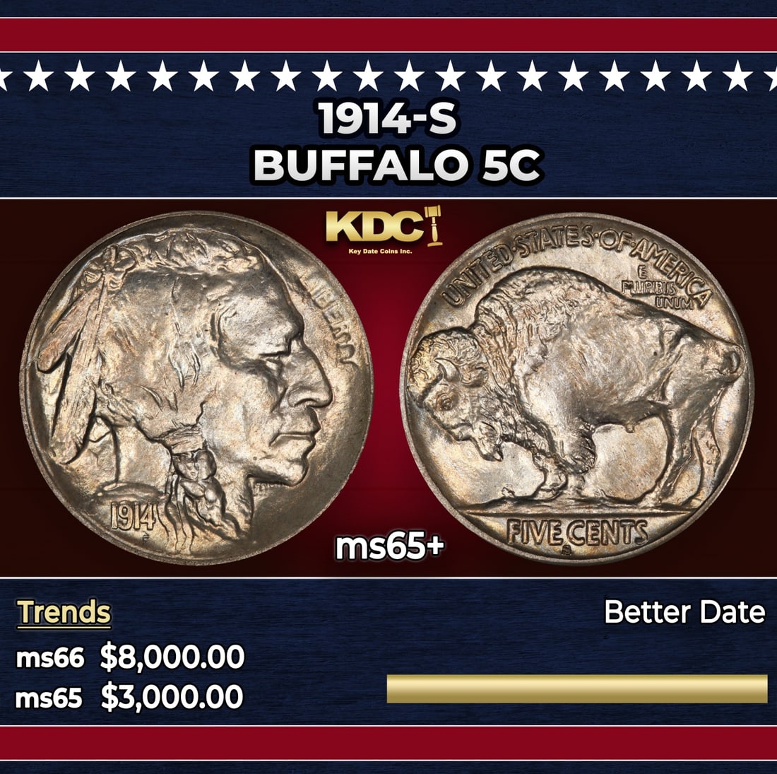 1914-s Buffalo Nickel 5c ms65+ SEGS: 1914-s Buffalo Nickel 5c ms65+ SEGS.