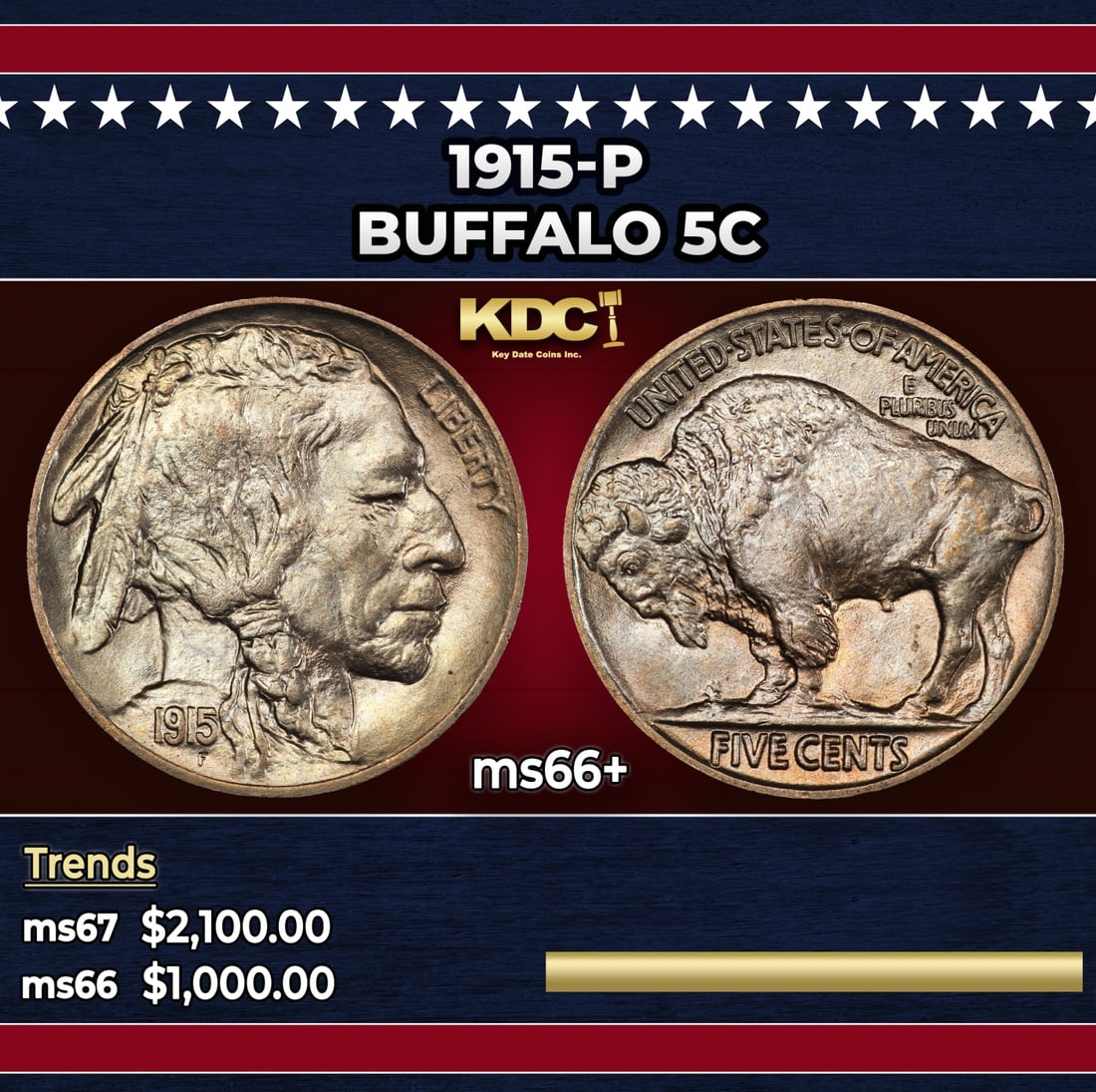 1915-p Buffalo Nickel 5c ms66+ SEGS: 1915-p Buffalo Nickel 5c ms66+ SEGS.