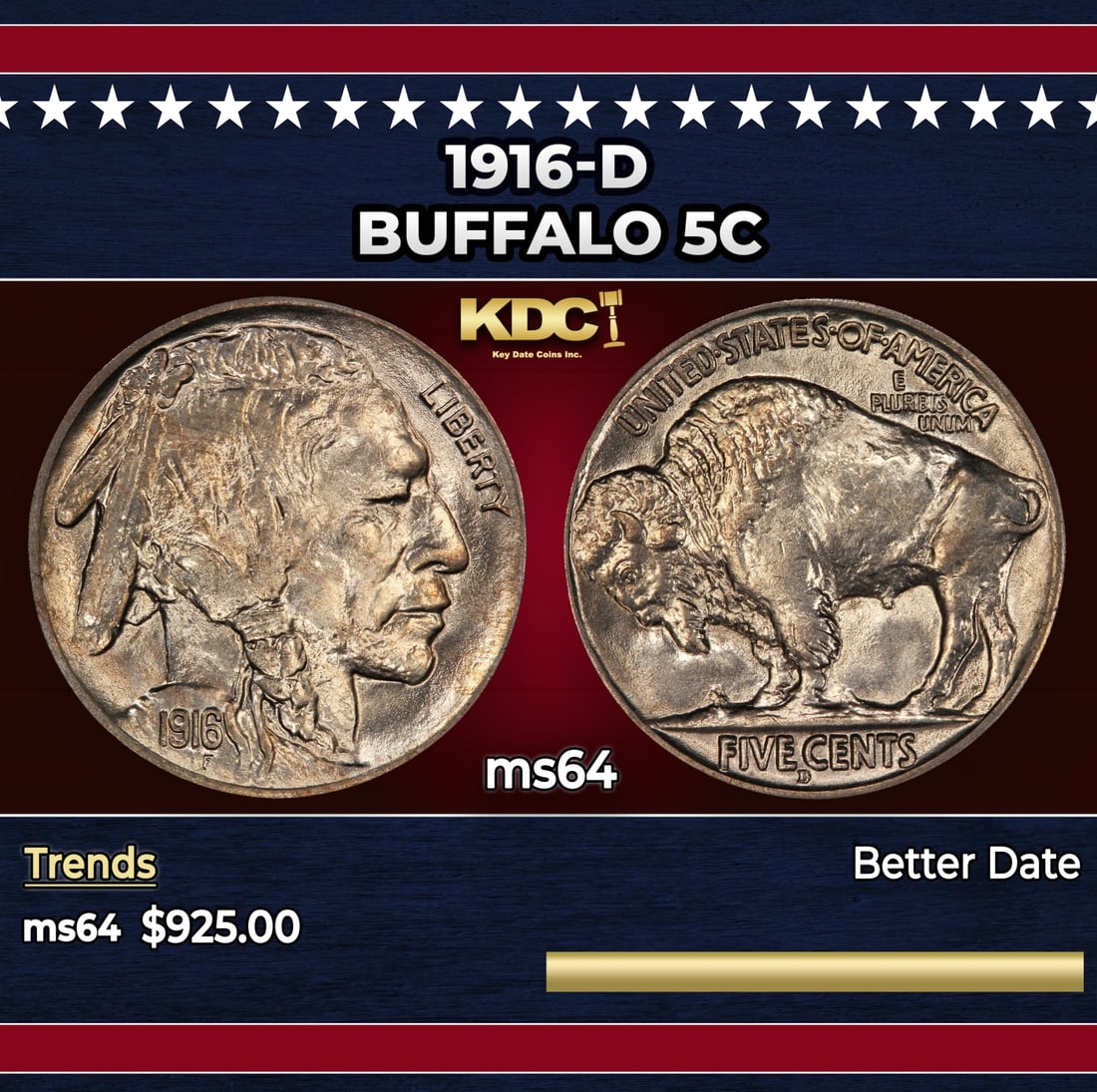 1916-d Buffalo Nickel 5c Grades ms64: 1916-d Buffalo Nickel 5c Grades ms64.
